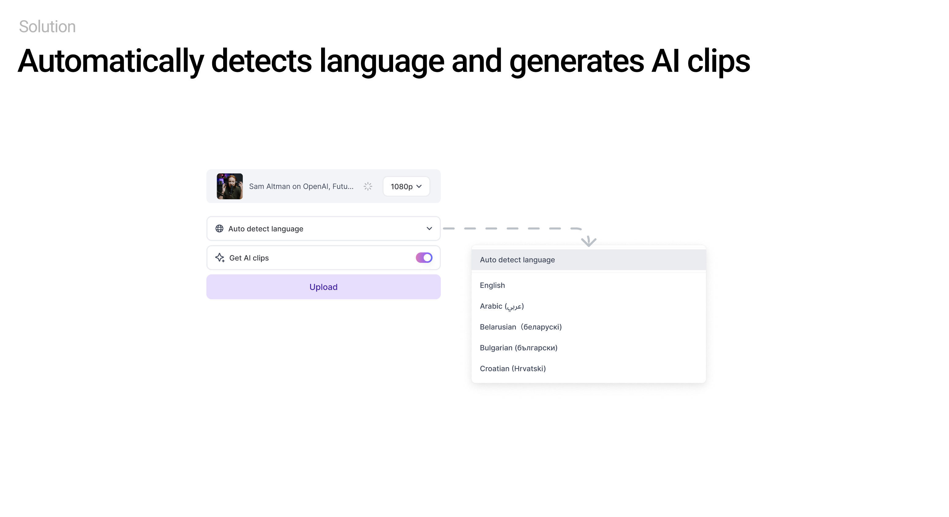 Automatic language detection and AI clips enabled, with an arrow showing the language dropdown