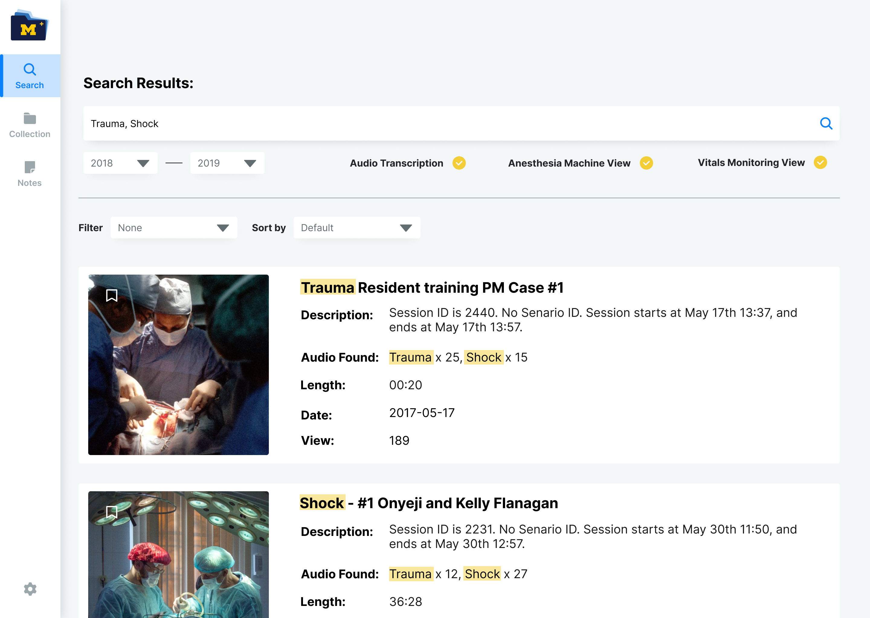 Original MedSim search results interface, showing keyword search, date range, recording view filters, and highlighted result matches