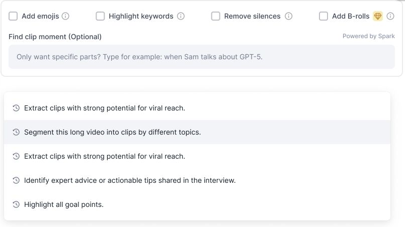 Original Find clip moment interface with examples and reusable prompt history