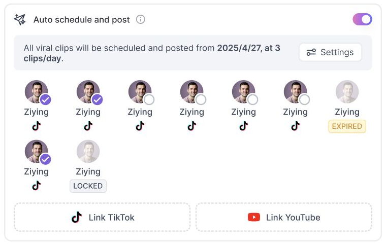 Original auto schedule and post interface with publishing settings and connected accounts
