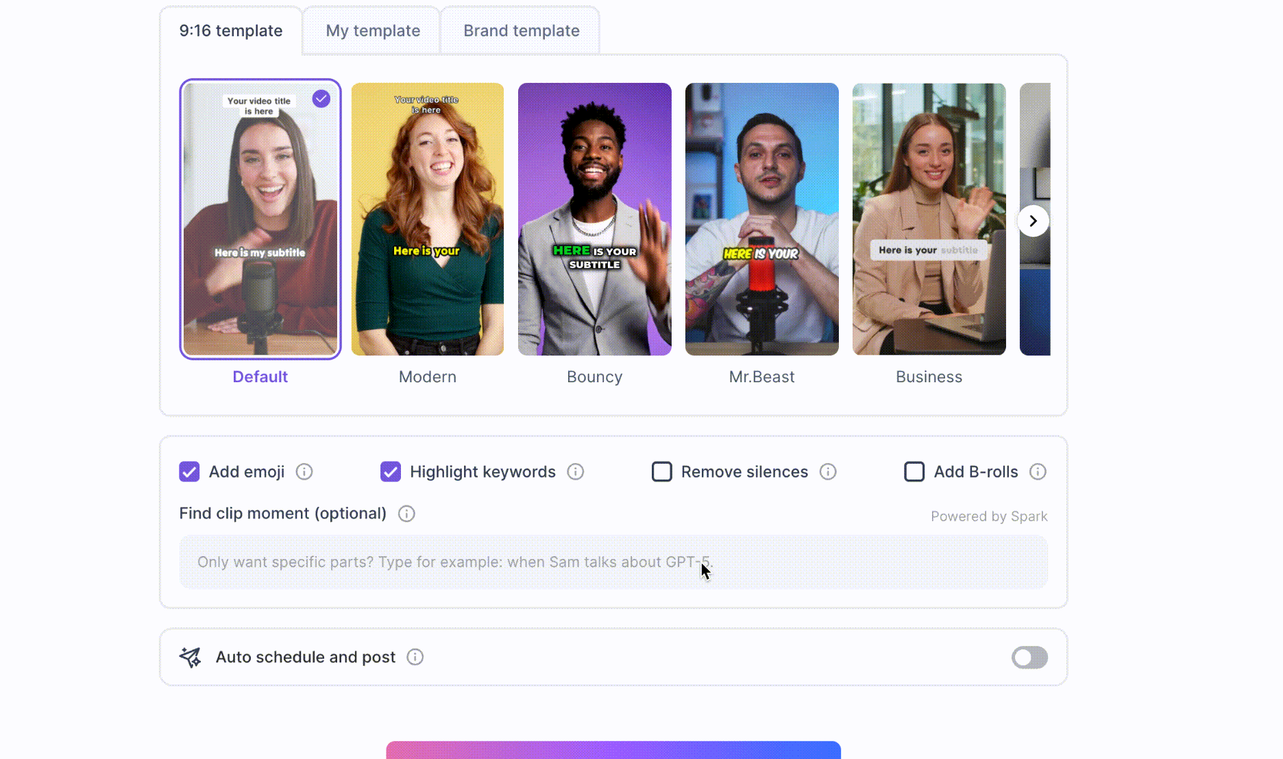 Animated demonstration of Vizard tooltips for emojis, keywords, silence removal, and B-roll