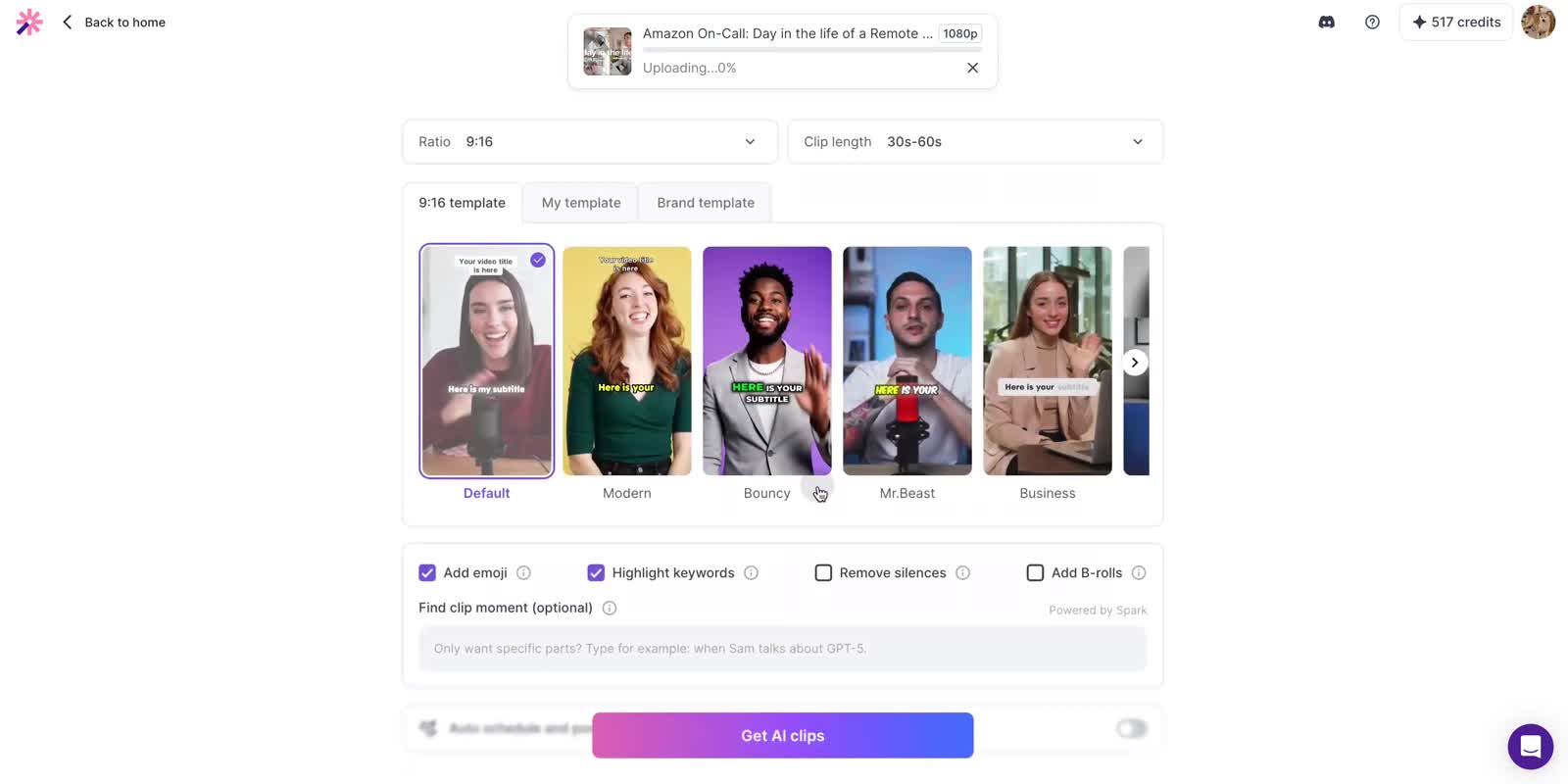 Vizard’s redesigned clip settings with visual template previews