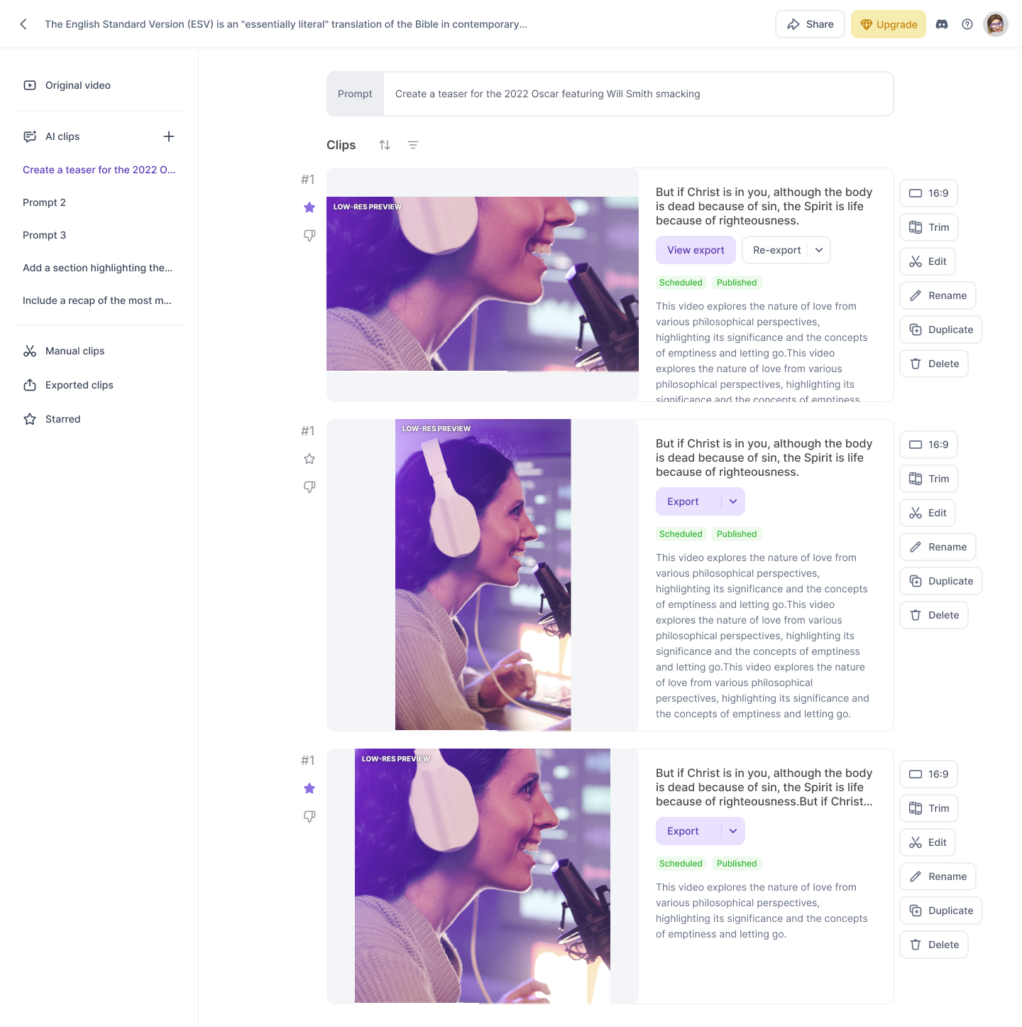 Original results page with repeated editing controls