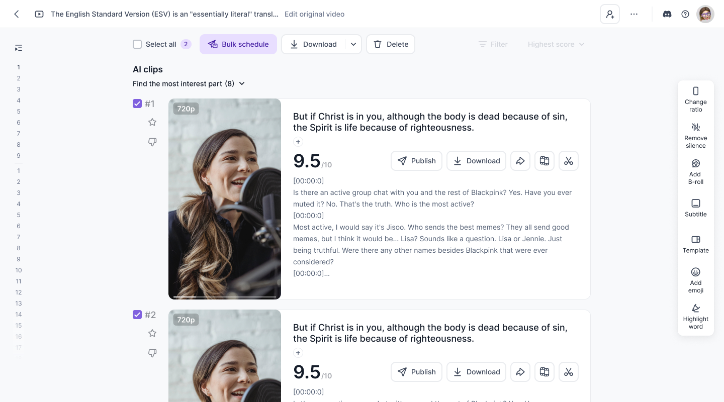 Vizard results workspace with selected clips and shared editing tools