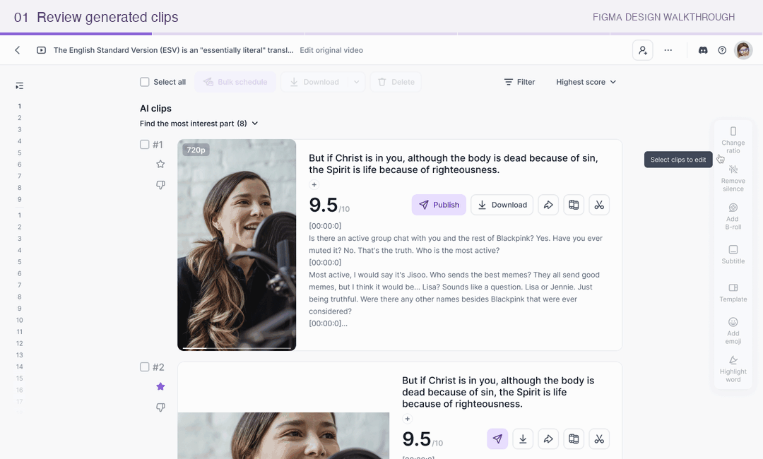 Animated walkthrough of original Figma states: review results, select clips, edit subtitles, process, and save
